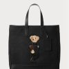 Sacs fourre-tout en toile noire pour homme Ralph Lauren Polo Bear avec bordure en cuir