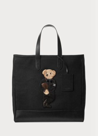 Sacs fourre-tout en toile noire pour homme Ralph Lauren Polo Bear avec bordure en cuir