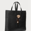 Sacs fourre-tout en toile noire pour homme Ralph Lauren Polo Bear avec bordure en cuir