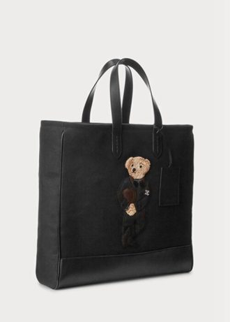 Sacs fourre-tout en toile noire pour homme Ralph Lauren Polo Bear avec bordure en cuir