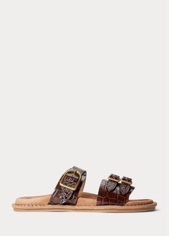Sandales en cuir à imprimé crocodile Ralph Lauren Ezra pour femme, couleur chocolat
