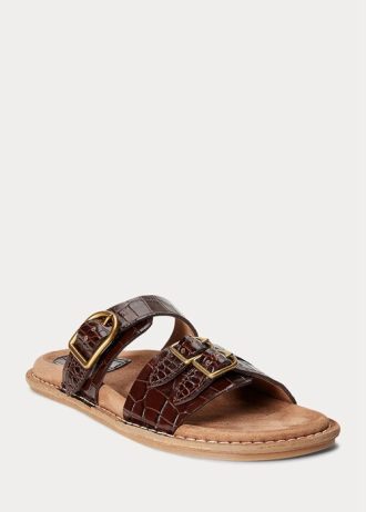 Sandales en cuir à imprimé crocodile Ralph Lauren Ezra pour femme, couleur chocolat