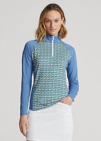 Sweat-shirts bleus à fermeture éclair quart de tour en jersey imprimé Ralph Lauren pour femme