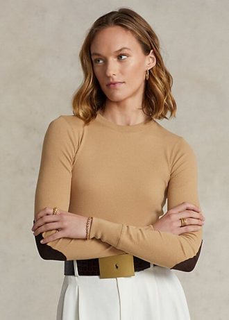 T-shirts beiges à manches longues et bordures en daim côtelé Ralph Lauren pour femme T-shirts beiges à manches longues et bordures en daim côtelé Ralph Lauren pour femme