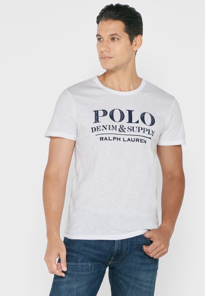 T-shirts blancs à col ras du cou avec slogan Ralph Lauren pour hommes