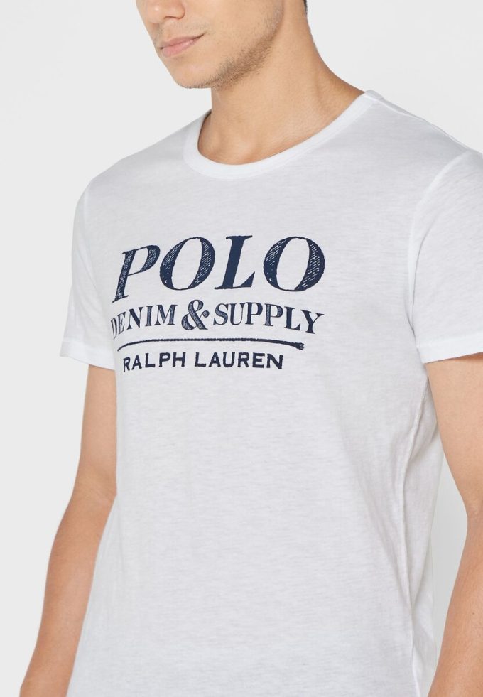 T-shirts blancs à col ras du cou avec slogan Ralph Lauren pour hommes