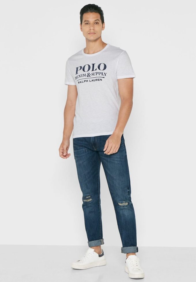 T-shirts blancs à col ras du cou avec slogan Ralph Lauren pour hommes