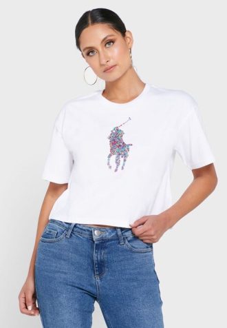 T-shirts blancs à col rond et imprimé graphique Ralph Lauren pour femmes