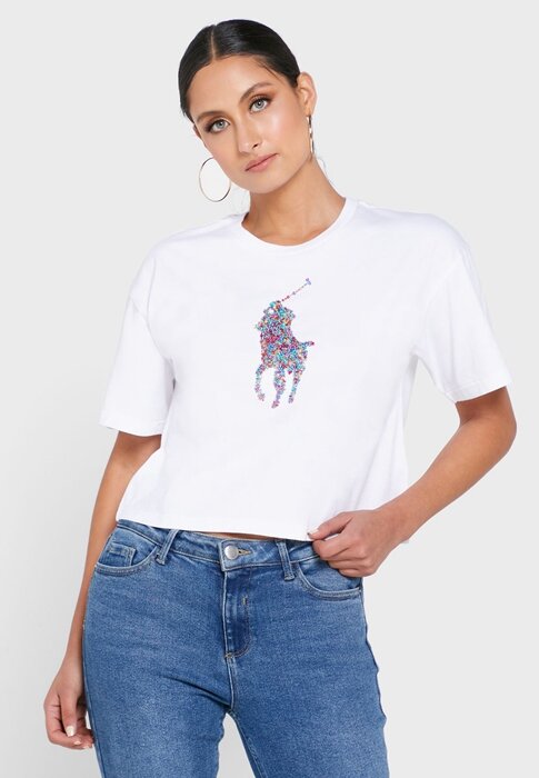 T-shirts blancs à col rond et imprimé graphique Ralph Lauren pour femmes T-shirts blancs à col rond et imprimé graphique Ralph Lauren pour femmes