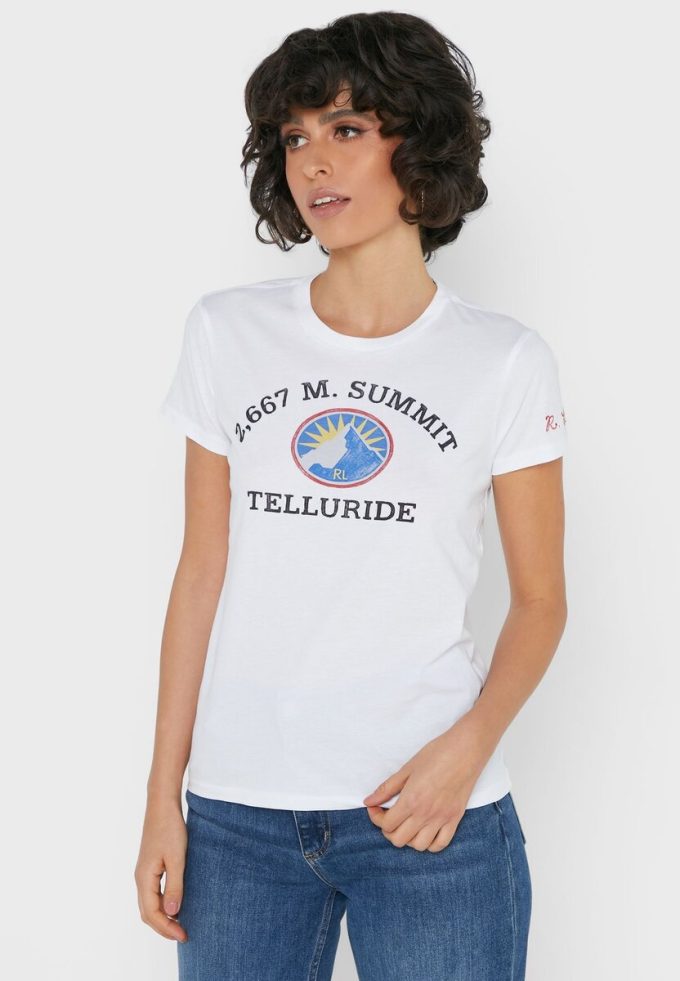 T-shirts blancs à col rond et imprimé graphique Ralph Lauren pour femmes T-shirts blancs à col rond et imprimé graphique Ralph Lauren pour femmes