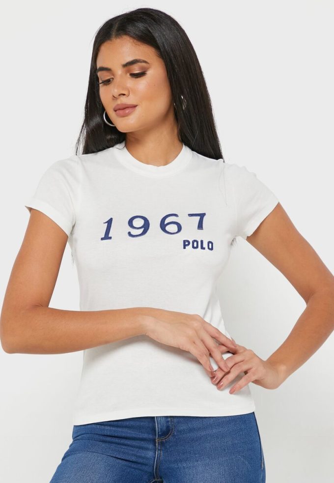 T-shirts blancs à col rond et imprimé graphique Ralph Lauren pour femmes T-shirts blancs à col rond et imprimé graphique Ralph Lauren pour femmes
