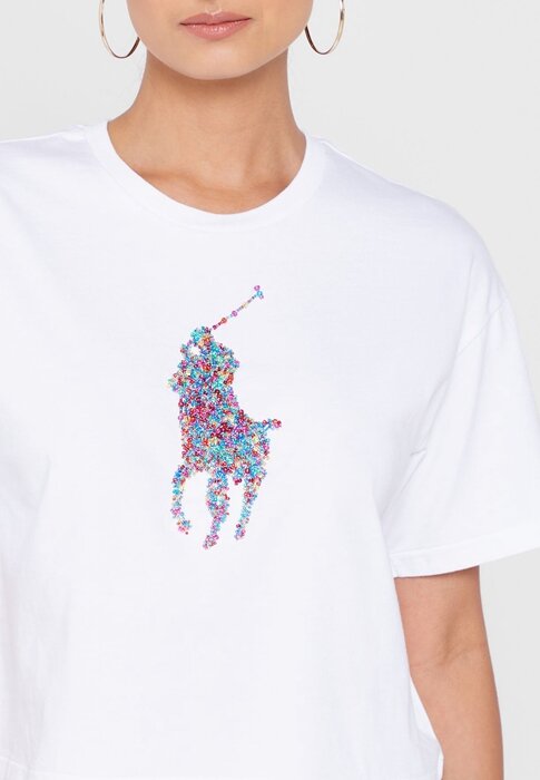 T-shirts blancs à col rond et imprimé graphique Ralph Lauren pour femmes T-shirts blancs à col rond et imprimé graphique Ralph Lauren pour femmes