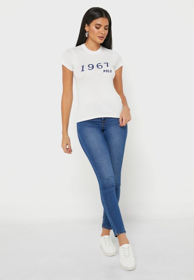 T-shirts blancs à col rond et imprimé graphique Ralph Lauren pour femmes T-shirts blancs à col rond et imprimé graphique Ralph Lauren pour femmes