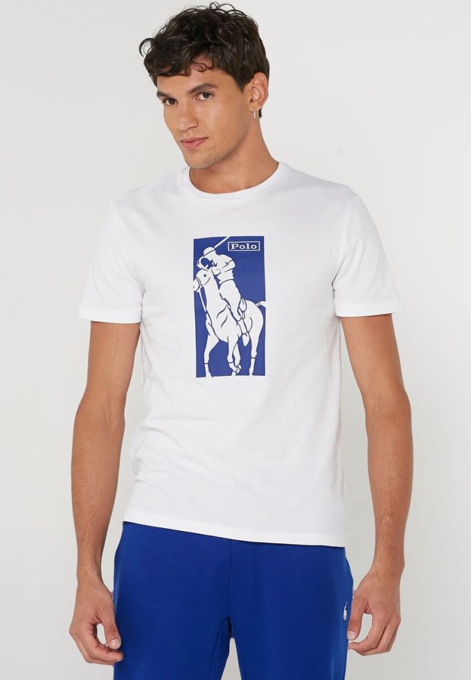 T-shirts blancs à col rond imprimés Ralph Lauren pour hommes