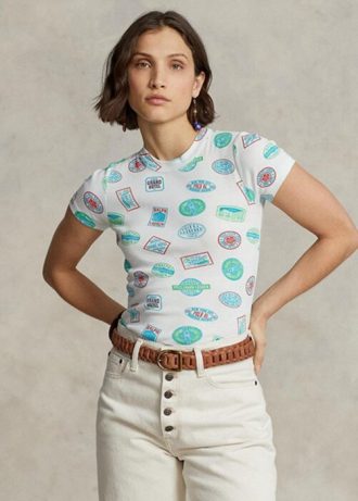 T-shirts blancs en coton côtelé à motif voyage Ralph Lauren pour femme