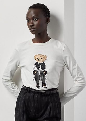 T-shirts blancs à manches longues en coton Ralph Lauren Cinema Polo Bear pour femmes