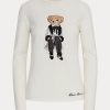 T-shirts blancs à manches longues en coton Ralph Lauren Cinema Polo Bear pour femmes