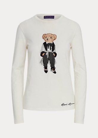 T-shirts blancs à manches longues en coton Ralph Lauren Cinema Polo Bear pour femmes
