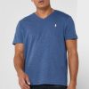 T-shirts bleus à col en V avec logo sur la poitrine Ralph Lauren pour homme