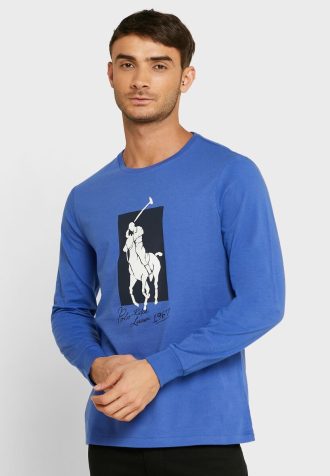 T-shirts bleus à col rond et imprimé graphique Ralph Lauren pour homme