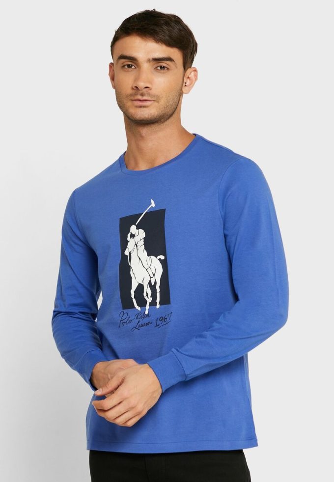 T-shirts bleus à col rond et imprimé graphique Ralph Lauren pour homme