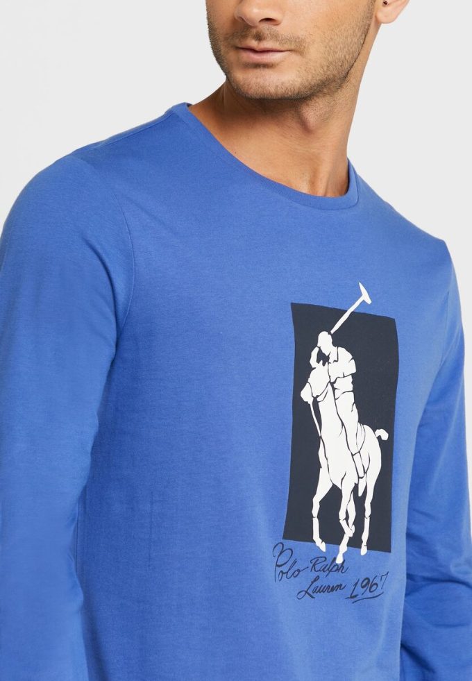 T-shirts bleus à col rond et imprimé graphique Ralph Lauren pour homme