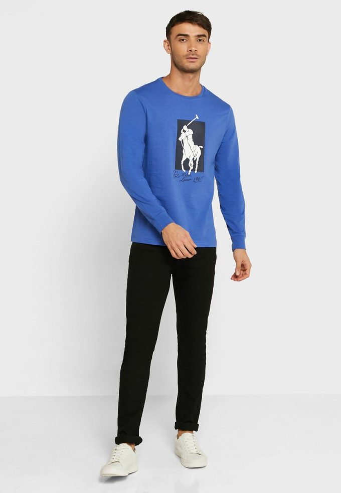 T-shirts bleus à col rond et imprimé graphique Ralph Lauren pour homme