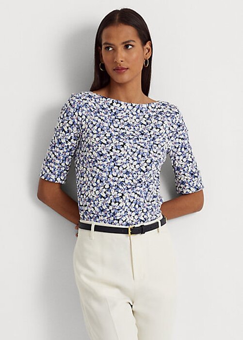 T-shirts bleus en coton extensible à fleurs Ralph Lauren pour femme T-shirts bleus en coton extensible à fleurs Ralph Lauren pour femme