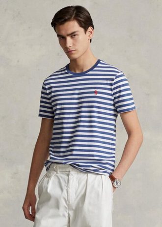T-shirts bleus en jersey rayé Ralph Lauren Custom Slim Fit pour homme