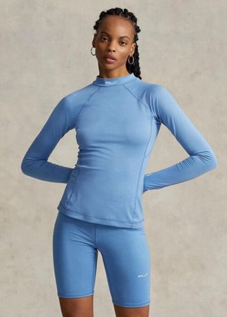 T-shirts bleus à manches longues et col montant pour femme en jersey avec logo Ralph Lauren