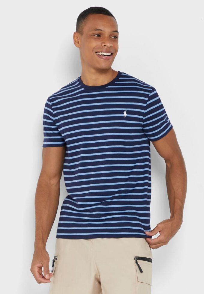 T-shirts à col rond rayés bleus pour hommes Ralph Lauren