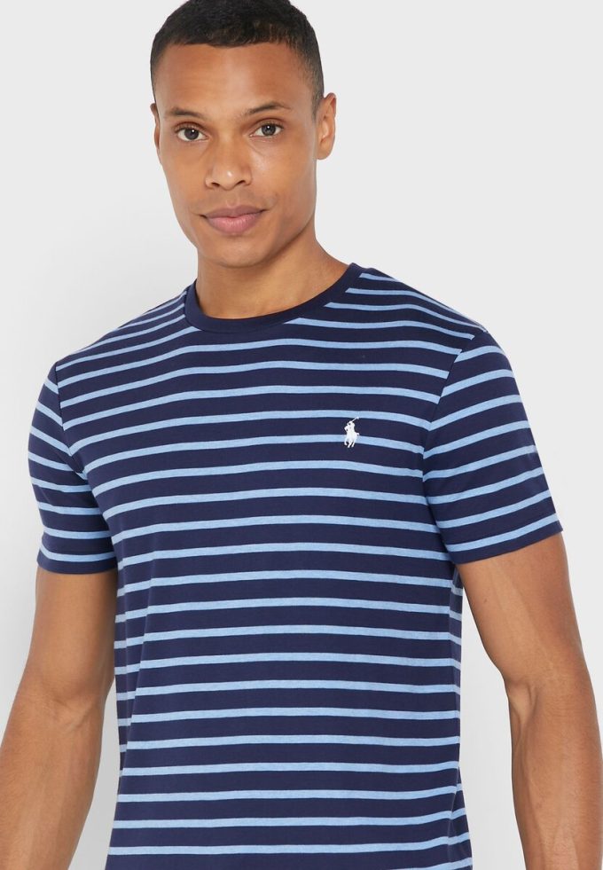 T-shirts à col rond rayés bleus pour hommes Ralph Lauren
