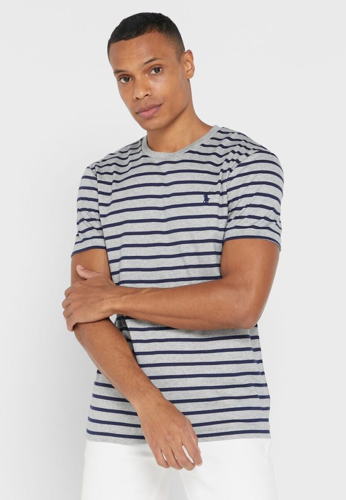 T-shirts à col rond rayés gris pour hommes Ralph Lauren T-shirts à col rond rayés gris pour hommes Ralph Lauren