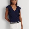 T-shirts côtelés à volants Ralph Lauren bleu marine pour femme