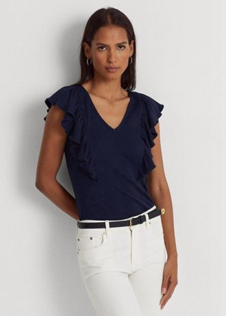 T-shirts côtelés à volants Ralph Lauren bleu marine pour femme