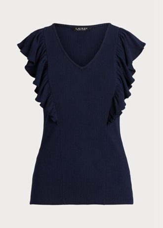 T-shirts côtelés à volants Ralph Lauren bleu marine pour femme