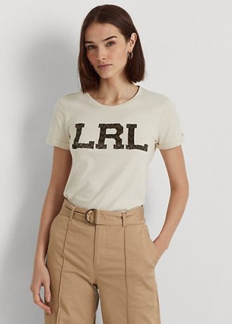 T-shirts en jersey crème à logo perlé Ralph Lauren pour femme