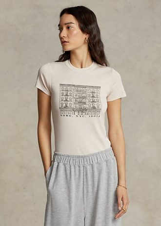 T-shirts graphiques slim en coton côtelé rose Ralph Lauren pour femme