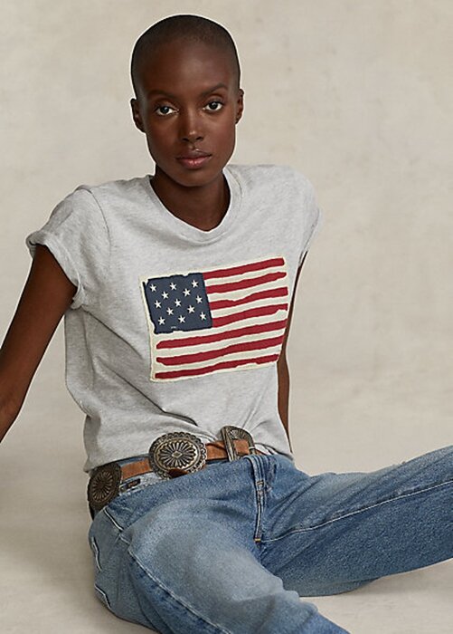 T-shirts gris en jersey de coton à imprimé drapeau Ralph Lauren pour femme T-shirts gris en jersey de coton à imprimé drapeau Ralph Lauren pour femme