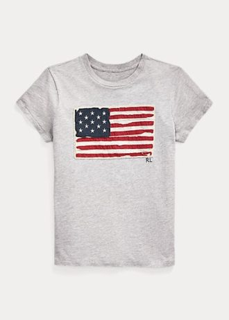 T-shirts gris en jersey de coton à imprimé drapeau Ralph Lauren pour femme
