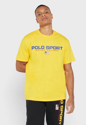 T-shirts jaunes à col ras du cou avec logo Ralph Lauren pour hommes