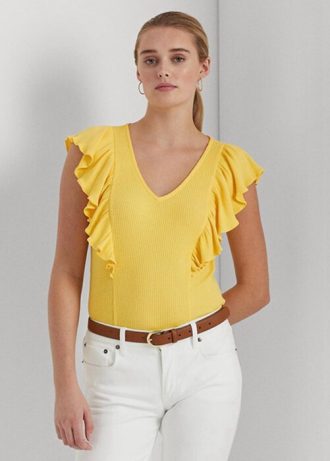 T-shirts jaunes en maille côtelée à volants Ralph Lauren pour femmes