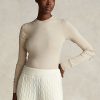 T-shirts à manches longues côtelés en daim Ralph Lauren pour femme, couleur crème