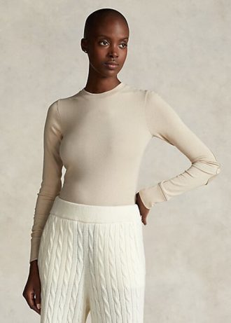 T-shirts à manches longues côtelés en daim Ralph Lauren pour femme, couleur crème T-shirts à manches longues côtelés en daim Ralph Lauren pour femme, couleur crème