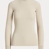 T-shirts à manches longues côtelés en daim Ralph Lauren pour femme, couleur crème