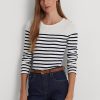 T-shirts à manches longues en coton rayé blanc/bleu marine Ralph Lauren pour femme T-shirts à manches longues en coton rayé blanc/bleu marine Ralph Lauren pour femme