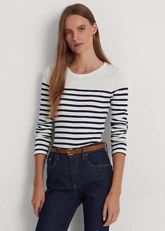 T-shirts à manches longues en coton rayé blanc/bleu marine Ralph Lauren pour femme T-shirts à manches longues en coton rayé blanc/bleu marine Ralph Lauren pour femme