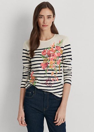 T-shirts à manches longues en jersey à fleurs et rayures Ralph Lauren crème/bleu marine pour femme T-shirts à manches longues en jersey à fleurs et rayures Ralph Lauren crème/bleu marine pour femme