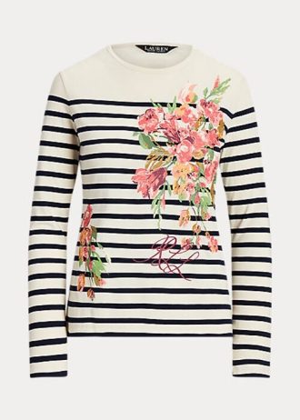 T-shirts à manches longues en jersey à fleurs et rayures Ralph Lauren crème/bleu marine pour femme T-shirts à manches longues en jersey à fleurs et rayures Ralph Lauren crème/bleu marine pour femme