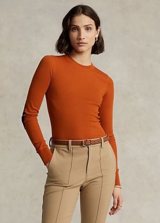 T-shirts à manches longues orange Ralph Lauren pour femme avec bordure en daim côtelé T-shirts à manches longues orange Ralph Lauren pour femme avec bordure en daim côtelé